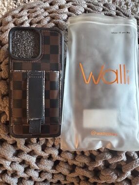 Wallli Brown and Black Checkered Wallet Phone Case with Strap